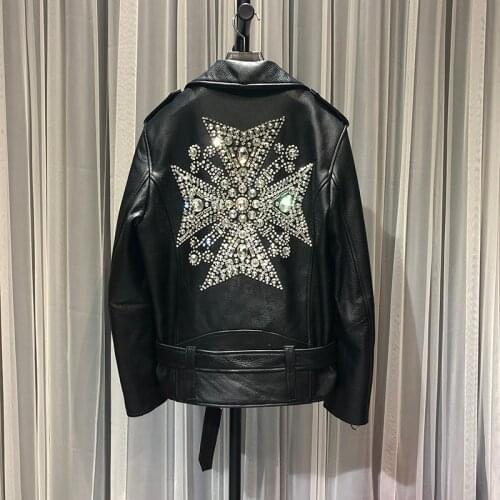 Woman Coats 100% Sheepskin Leather Female Jackets Motorcycle Leather Clothing Real Natural Sheepskin Leather Masonry decoration