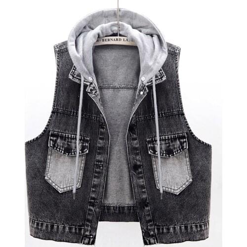 Summer New Korean Fashion Hooded Denim Vest Women Waistcoat Big Pocket Sleeveless Jacket Plus size Loose Short Jeans Vest Female