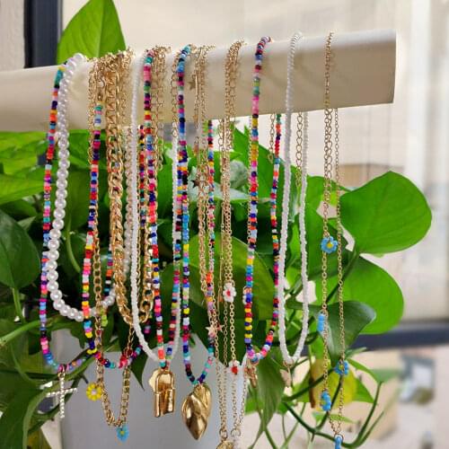 Flatfoosie 2021 New Korean Colorful Beaded Necklace For Women Fashion Flowers Rainbow Beads Chain Short Choker Necklace Jewelry