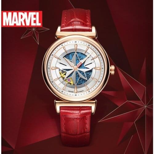DISNEY Official Original Captain Marvel Women Automatic Hollow Luminous 50M Casual Dress Genuine Leather Female Girl Gift Clock