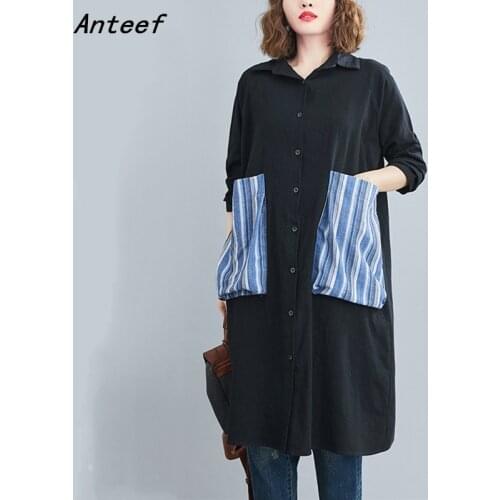 Long sleeve cotton linen vintage for women casual loose midi autumn shirt dress elegant clothes 2021 ladies dresses