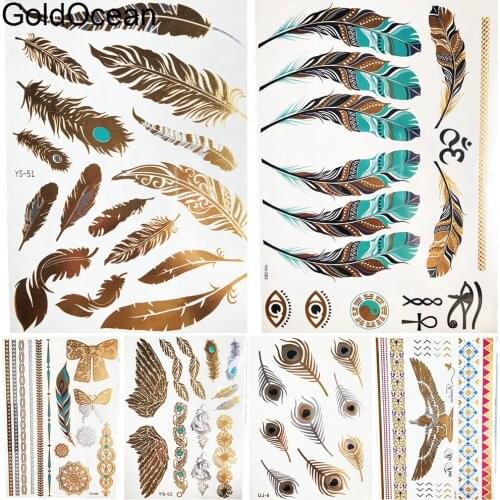 Gold Tribal Feather Metallic Temporary Tattoo Sticker Girl Body Arm Art Waterproof Tattoo Women Clavicle Flash Tatoos Chest Face