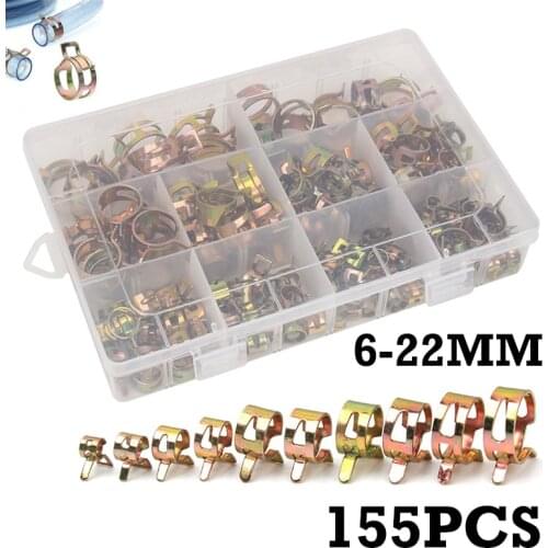 155PCS 6-22mm Car & Truck Spring Clips Fuel Oil Water Hose Clip Pipe Tube Clamp Fastener Assortment Kit