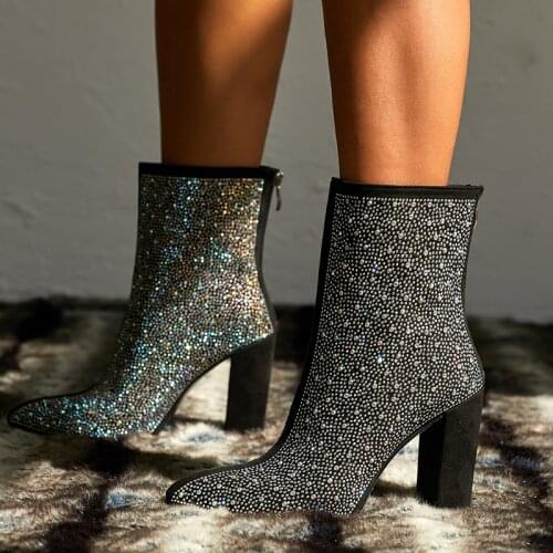 2021 Women Crystal Party Ankle Boots Sexy 11cm High Heels Diamond Lady Chunky Boots Short Fetish Stripper Booties Glitter Shoes