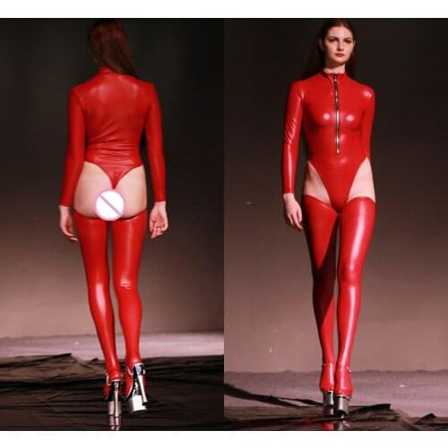 Turtle Neck Button Open Crotch Long Sleeve Bodysuit Latex Leathe Glitter Sexy Black Bodysuits Catsuit One Piece Body Suit Teddy