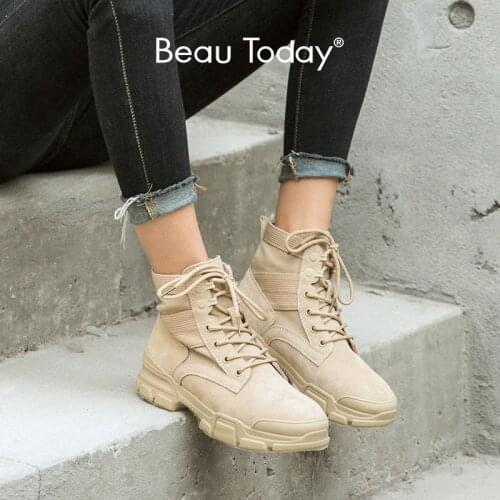 BeauToday Ankle Boots Women Cow Suede Leather Canvas Combat Boot Cross-Tied Round Toe Autumn Winter Lady Desert Shoes 04024
