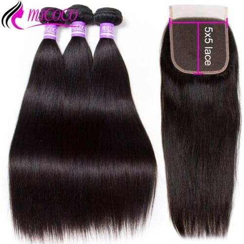 Brazilian Straight Hair Bundles With 5x5 Closure 3 Bundles Human Hair Bundles With 5x5 Lace Closure Top Lace Closure Remy MSCOCO