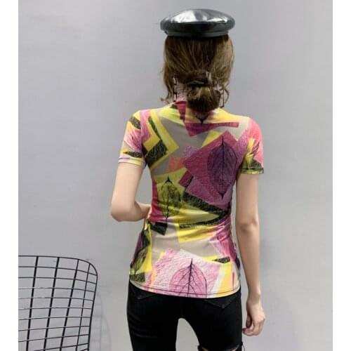 Fashion Mesh Sexy Turtleneck Summer Print T-shirt Women Clothes Tops European Ropa Mujer Bottoming 2021 New Shirt Tees 3XL