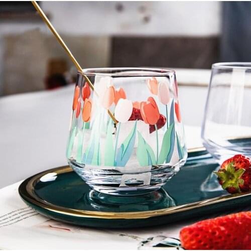 Creative Hand Painted Tulip Flower Glass Teacup Household Heat Resistant Juice Dessert Breakfast Mug Big Belly Mousse Cups