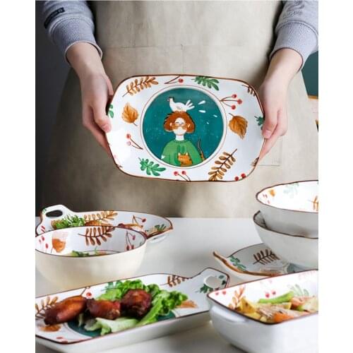 Cartoon Ceramic Tableware Set Dishes Cute Girl Tableware Chopsticks Dishes Set Kitchen Home Decor Baking Tray Soup Bowl Sets