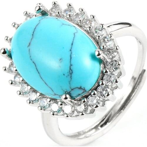 Bohemia Natural Stone Rings For Men Women Oval Turquoises Opal Onyx Beads Rhinestone Zircon Stone Silver Plated Adjustable Ring