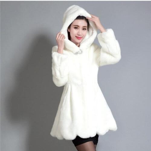 Promotion 2020 New Autumn Winter Hooded Imitation Fur Coat Women Coat Fashion Elegant Slim Mid-length Coat White Black