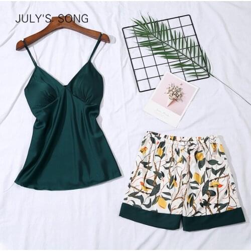 JULYS SONG Sling and Shorts Printed Womens Sleepwear Sexy Satin Pajama Set Soft Sleeveless Spring and Summer Pajamas
