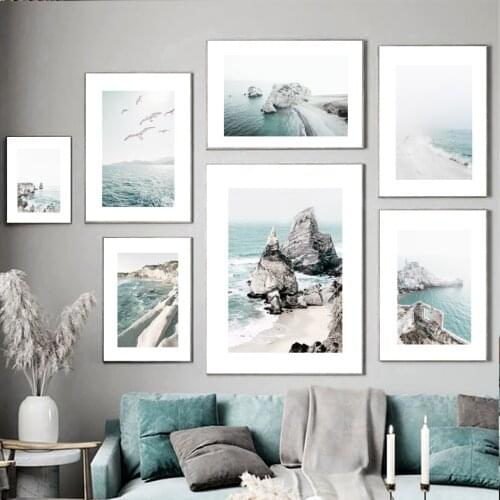 Blue Bay Beach Reef Island Seagull Nordic Posters And Prints Modern Art Canvas Painting Wall Pictures For Living Room Home Decor