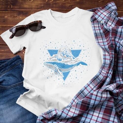 Casual Ladies Basic Whale Moon Print Harajuku Top Women T-shirt O-collar Short Sleeved Women T-shirt Girl,Drop Ship