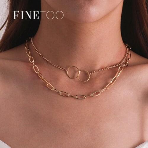 Simple Gold Color Chunky Cuban Link Chain Choker Necklace Collar Geometric Double Circle Hoop Layered Necklace Statement Jewelry