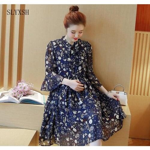Pregnant women spring coat fashion V-neck horn seven sleeves printed chiffon dress in the long section of the summer skirt