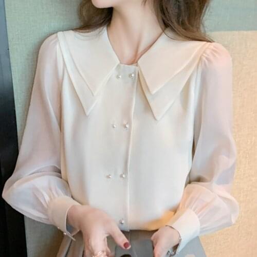 Long Sleeve Chiffon Blouse Shirt Women Tops Blouse Women Blusas Mujer De Moda 2021 Turn Down Collar Blouse Women Blouses E400