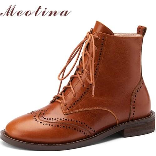 Meotina Women Shoes Genuine Leather Ankle Boots Thick Low Heel Short Boots Round Toe Zipper Lady Footwear Autumn 33-40 Wine Red