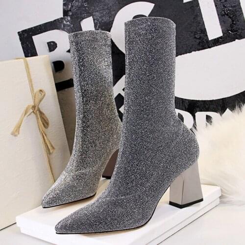 2021 Luxury Women Pointed Toe Sock Boots 7cm Square High Heels Boots Winter Silver Bling Stretch Fabric Ankle Boots Party Shoes