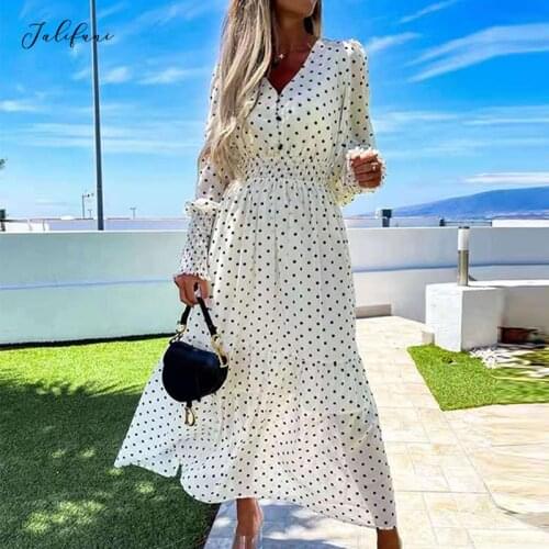 Women V-Neck Dot Print Chiffon Dress Casual Long Sleeve Sexy Slim Elastic Waist Party Dress Lady Fashion 2021 Summer Long Dress
