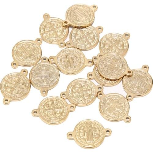 10pcs Stainless Steel Gold Tone 20*15mm Charm Religious Cross Round Connectors For DIY Necklace Jewelry Makings Findings