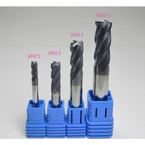 4PCS Tungsten Carbide End Mill with corner radius R0.5MM / milling cutter set HRC45 4 6 8 10 MM 4flutes