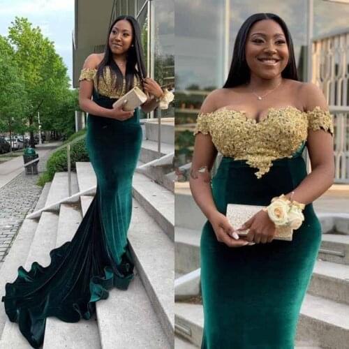 African Mermaid Evening Dresses Velvet Off Shoulder Gold Appliques Beads Formal Plus Size Evening Dress party Vestidos