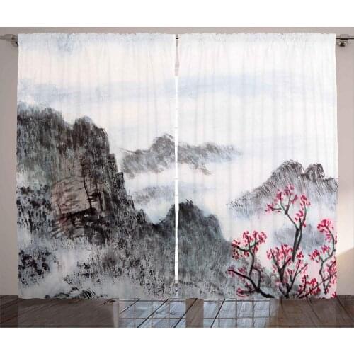 Asian Curtains Traditional Chinese Painting Landscape Sakura Cherry Tree Cloudy Mountains Living Room Bedroom Window Drapes