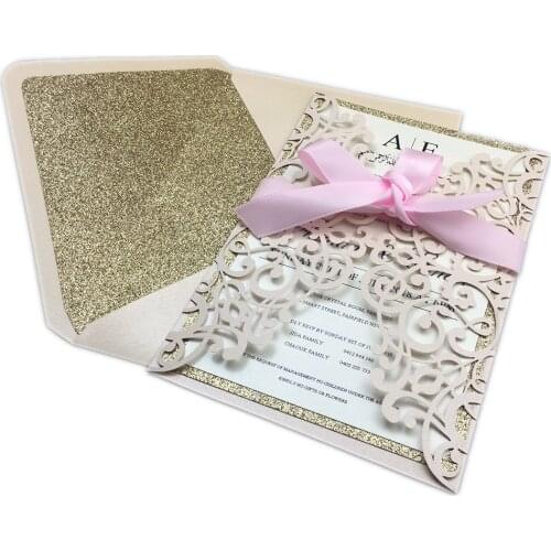 Free shipping 50X Light Pink Wedding Invitation Card Laser Cut Floral Invite with Rose Gold Glitter envelope ribbons Customize
