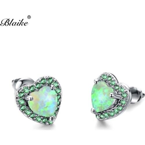 Blaike Silver Color Green Zircon Birthstone Earrings For Women Heart Green Fire Opal Stud Earring Fashion Gifts