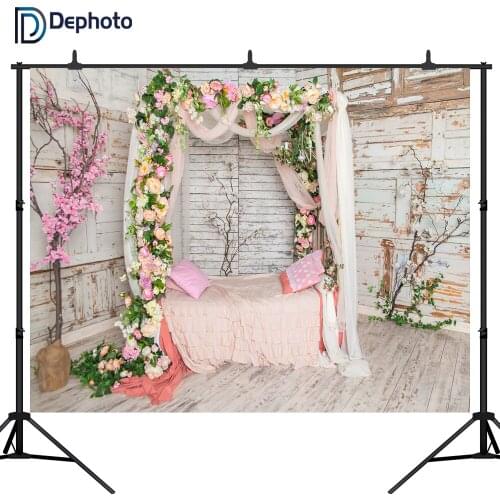 DePhoto Photography backdrops Boudoir Bed Curtain Flowers Wedding wooden floor photo background For Photo Studio props