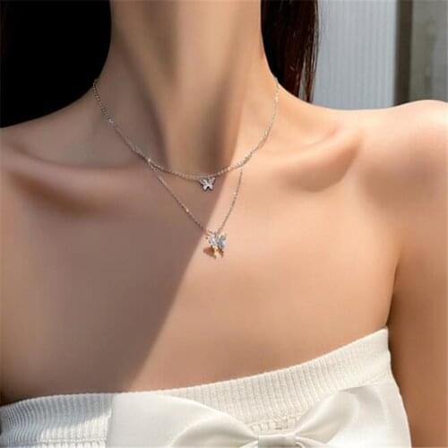 Double Layer Crystal Butterfly Necklace for Women Wedding Silver Color Clavicle Chain Necklace Charming Female Party Jewelry