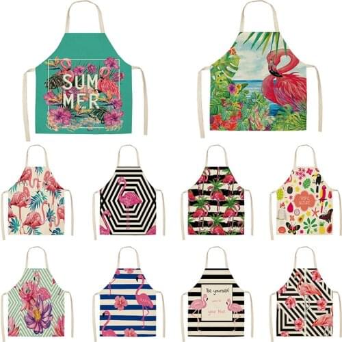 Flamingo Apron Summer plants printed Kitchen Aprons Adult Kids Cotton Linen Bibs Home Cooking bbq Apron Cleaning Accessory 65x53