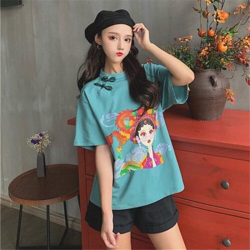 Harajuku Printing T Shirt Chinese Style Women Short Sleeve Top Clothing 2021 Summer New Vintage Hanfu Blouses Camisetas De Mujer