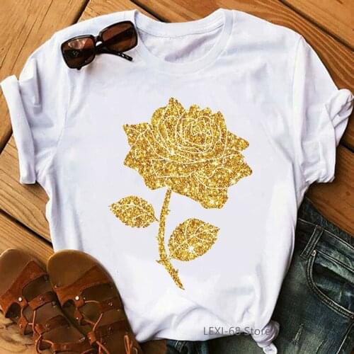 Golden Rose Print Tshirt Women Flower T Shirt Femme Harajuku Shirt Summer Fashion Aesthetic Clothes Female T-Shirt Tops