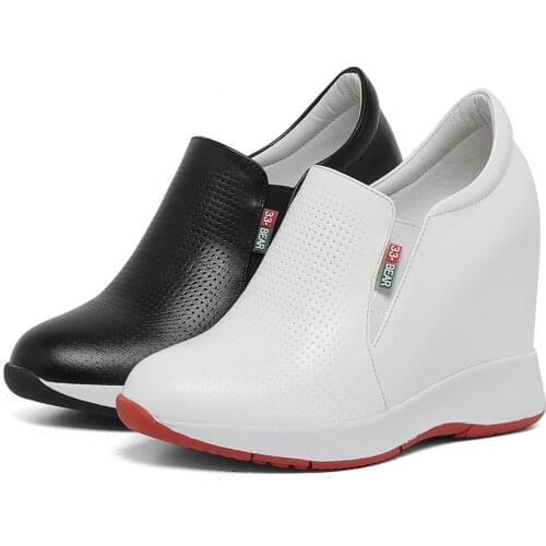 10cm High Heel Fashion Sneakers Women Breathable Cow Leather Wedges Ankle Boots Female Round Toe Platform Oxfords Casual Shoes