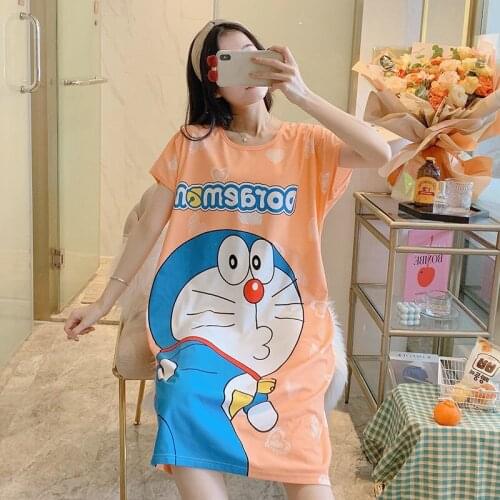 Summer Night Dress Women Anime Nightgowns Doraemon Winnie Cartoon Nightwear Short Sleeve Thin Sleepwear Milk Silk Kawaii Chic