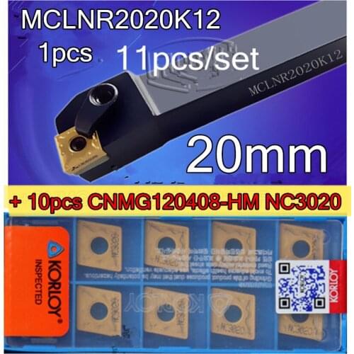 MCLNR2020K12 95degree CNC Cylindrical turning tool 1pcs+CNMG120408-HM NC3020 10pcs=11pcs/set Processing steel Free shipping