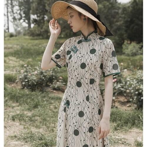 Young Vintage Chiffon Print cheongsam Women Summer 2021 Dress Modern Fashion Girl Retro High Split Sexy Qipao Vestido Female