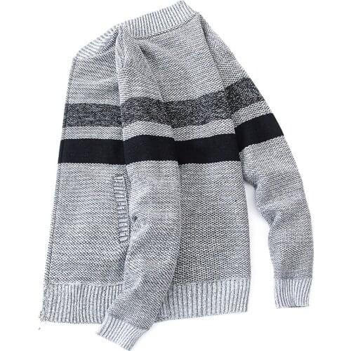 Mens baseball neck sweater, striped sweater, plush fleece zippered cardigan, fall/winter casual thermal jacket
