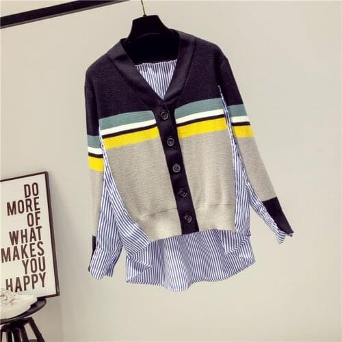 2021 New Striped Shirt Stitched Knitted Sweater V Collar Lazy Wind Loose-fitting Long-sleeved Vintage Cardigan Girl
