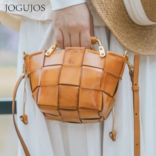 JOGUJOS New Trendy Women Mini Calf Skin Leather Woven Clutches Basket Bag 2021 Female Plaid Square Handbag Luxury Copy Crossbody
