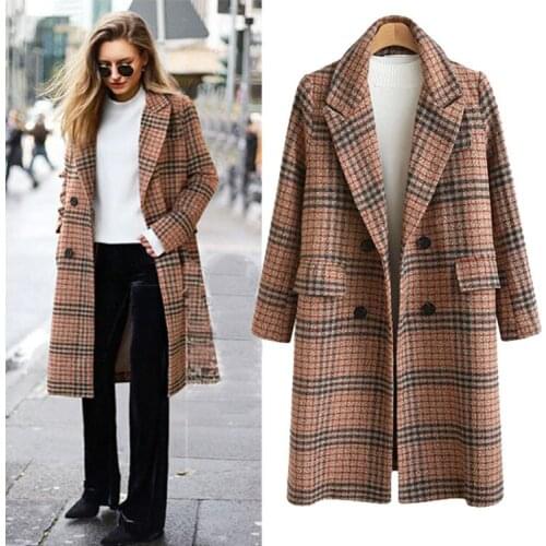 Autumn Winter New Women Plaid Woolen Coat Trench British Style Large Loose Medium Length Plaid Woolen Coat Women Coats