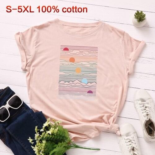 Plus Size S-5XL 2021 New Sun Mountain Print T Shirt Women 100% Cotton O Neck Short Sleeve Summer T-Shirt Tops Casual T Shirts