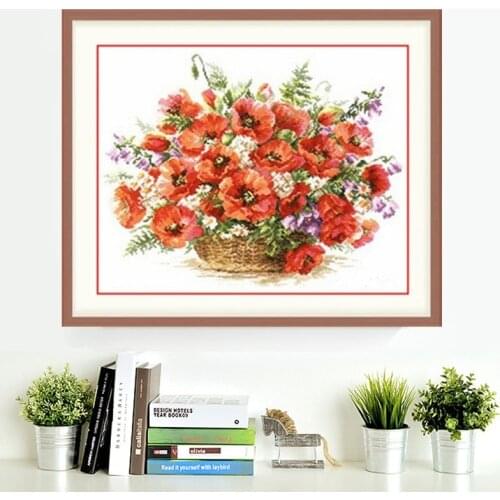 Needlework,DIY DMC Cross stitch,Sets For Embroidery kits,poppy flower basket print counted pattern Cross-Stitch wedding gift