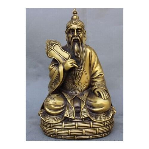 S0237 10" Chinese Bronze Taoism Taoist LaoJun Hold Fan God Immortal Diagram Statue