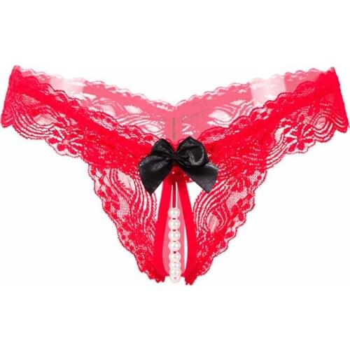 Sexy Open Crotch Thongs G-String Lingerie Women Sexy Crotchless Panties Bowknot Pearls Lace Underwear Nightwear G-string