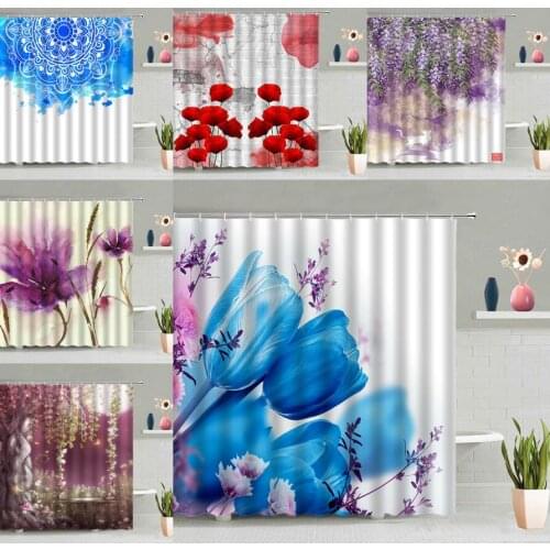 Blue Tulips Shower Curtain Dream Forest Scenic Scenery Curtains Plant Flower Printed Bathroom Decor Waterproof Bath Screen Hooks