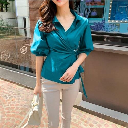 2020 Brand New Women Shirts V-neck Half Sleeve Lantern Sleeve Summer Blouse Elegant Office Lady Peplum Tops Chemise Blusa Mujer